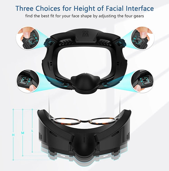 VR headset interface with three adjustable height options for a customized fit, perfect for enhanced gaming. Various close-up views of adjustment mechanisms and other VR accessories included.