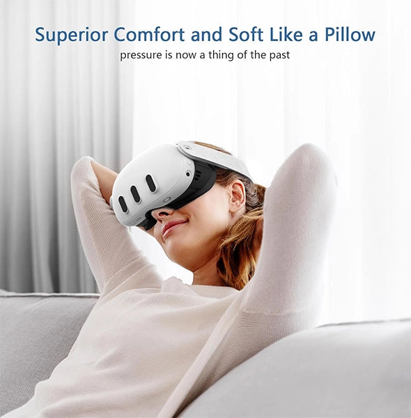 Person wearing a white relaxation device over their eyes, reclining on a sofa. Text reads "Superior Comfort and Soft Like a Pillow," perfect for those long gaming sessions or as one of your essential VR accessories.