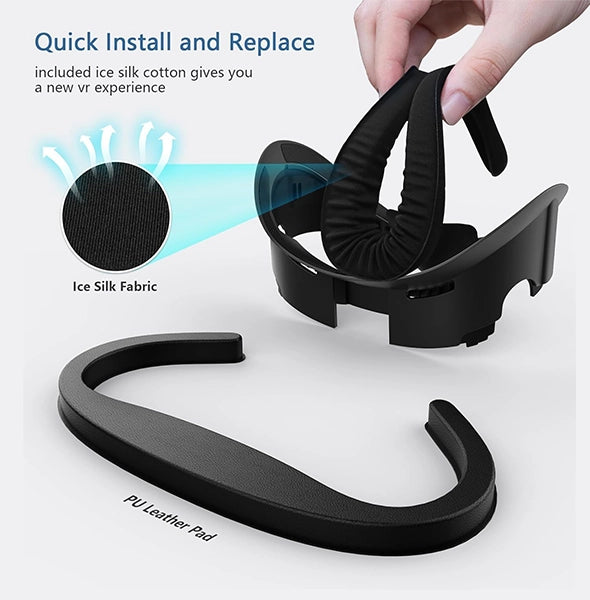 VR headset accessories, including an ice silk fabric band and PU leather pad, enhance your gaming experience with comfort and ease of installation.