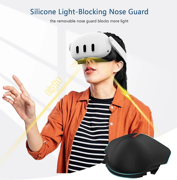 A person wearing a VR headset with a silicone nose guard to block light. Text reads "Silicone Light-Blocking Nose Guard, an essential VR accessory for immersive gaming.