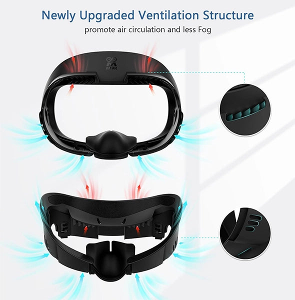 Image of a VR headset with enhanced ventilation structure and illustrative arrows showing improved air circulation for reduced fogging, making it an essential addition to any serious gaming setup.