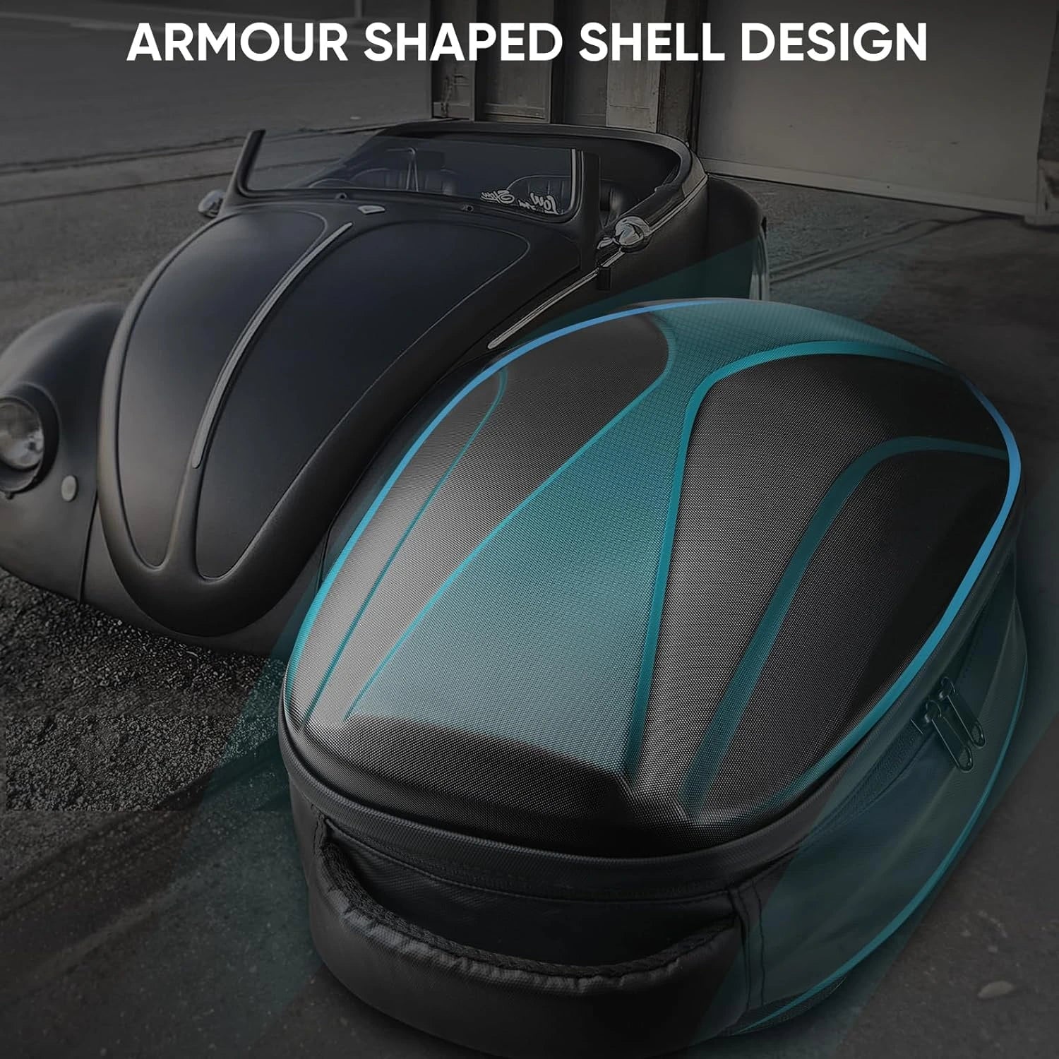 A car with a sleek, black design is beside a similarly shaped suitcase with the text "ARMOUR SHAPED SHELL DESIGN" above, perfect for carrying your VR accessories.