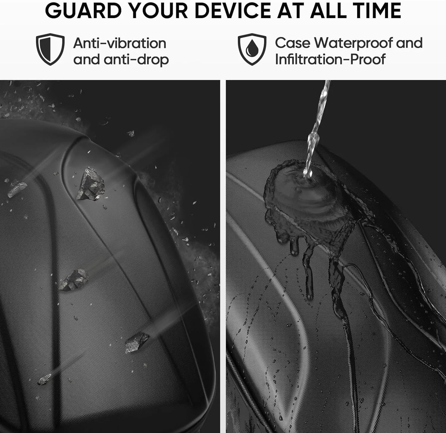 Close-up images of a hard, waterproof, and anti-vibration case for vr accessories being tested: rocks dropping on it and water being poured over it.