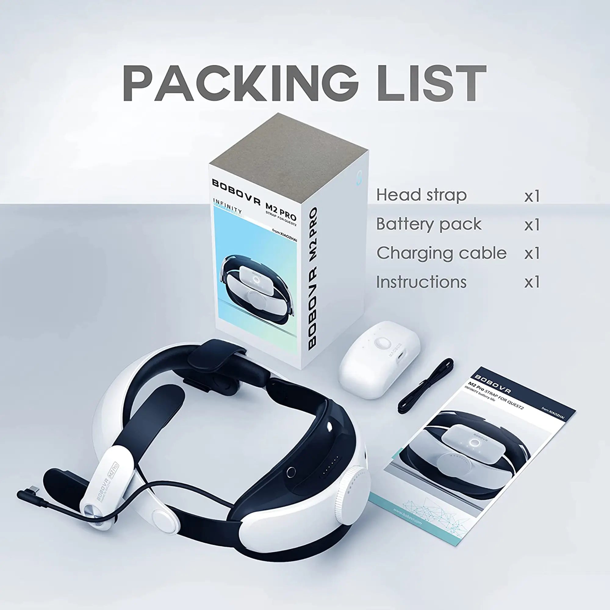 Image of a BOBOVR M2 Pro headset and its packaging, perfect for gaming enthusiasts. Displayed items include a head strap, battery pack, charging cable, and instruction manual. The description reads "Packing List" with the listed items underneath. Packaging box shows product image and branding for VR accessories.