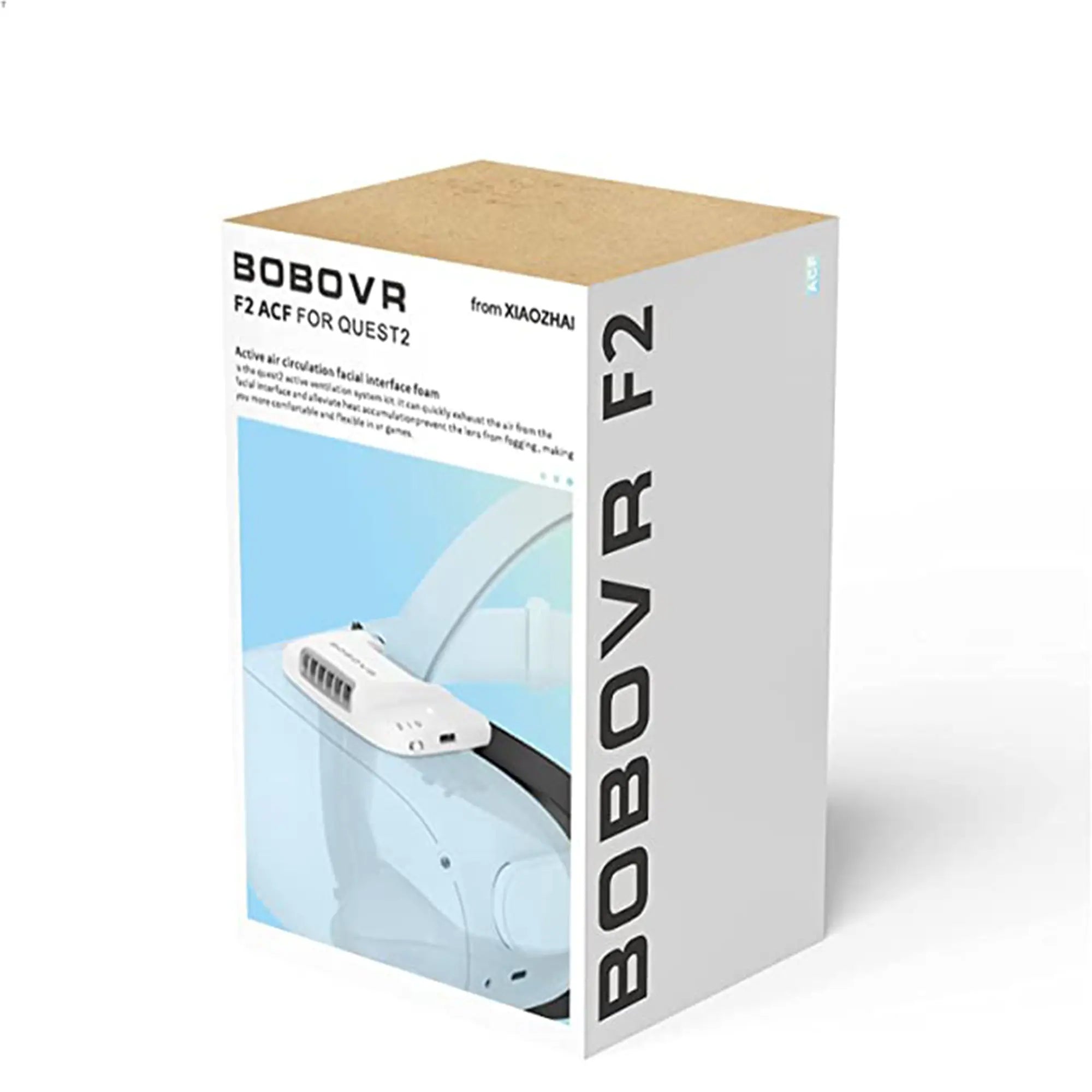 A white box with 'BOBOVR F2' written on the side contains an active air circulation facial interface, a must-have VR accessory for the Quest 2 gaming headset.