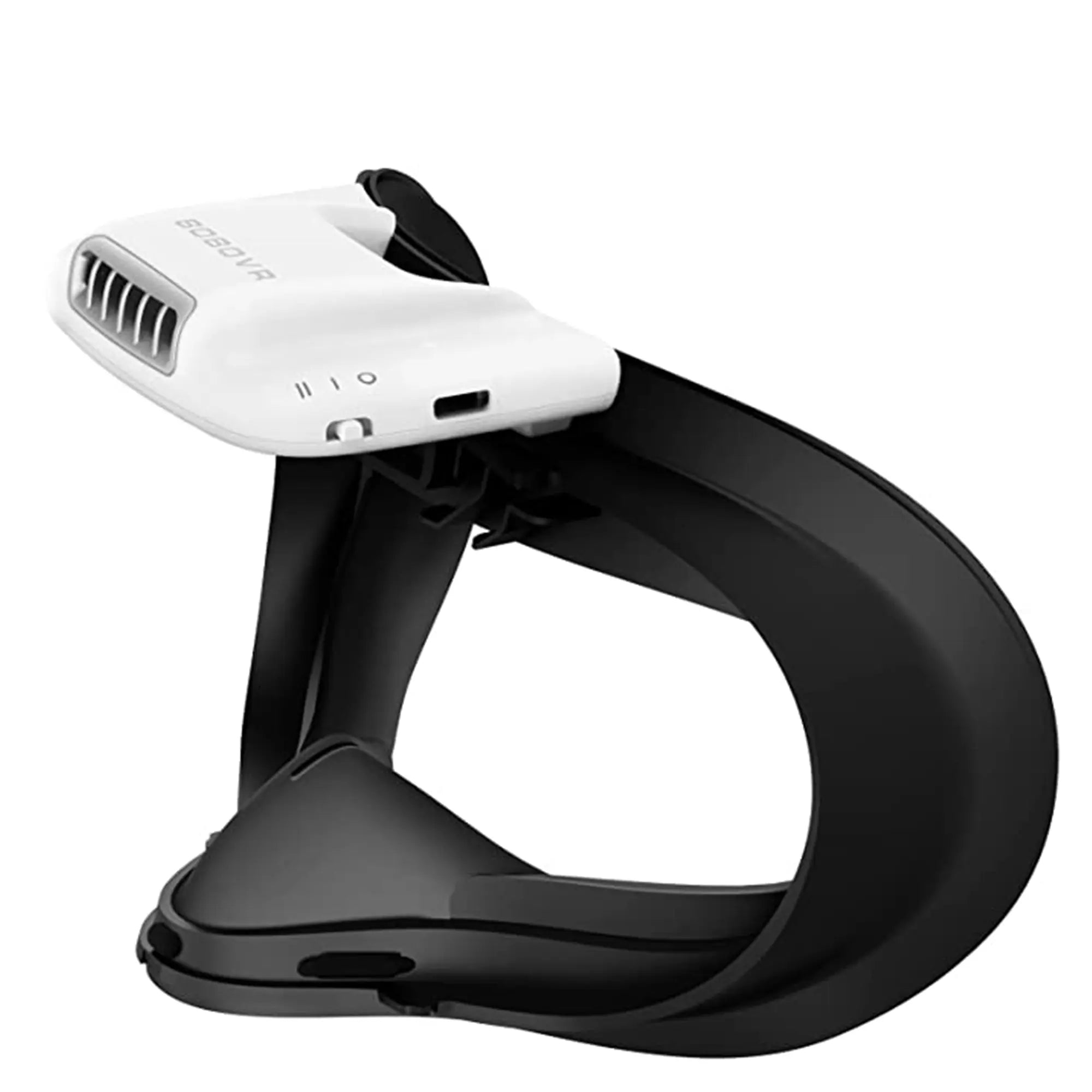A white and black VR headset strap holder, perfect for gaming enthusiasts, featuring adjustable straps and ventilation openings at the top. This essential piece of VR accessories ensures a comfortable and immersive experience.