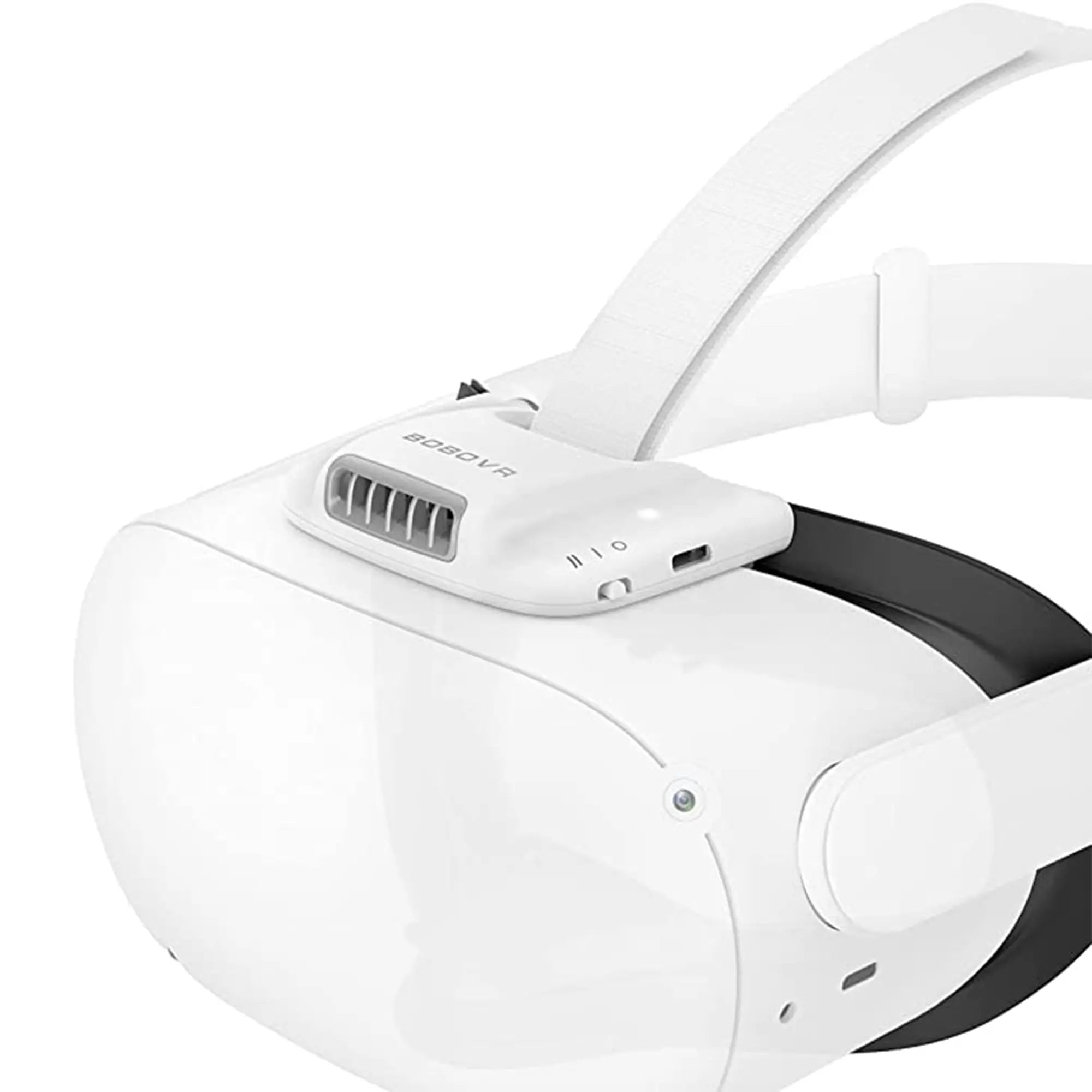 White virtual reality headset with an adjustable strap and an external fan attachment on the top for cooling, perfect for extended gaming sessions. This essential VR accessory ensures you stay cool and comfortable while immersed in your virtual adventures.