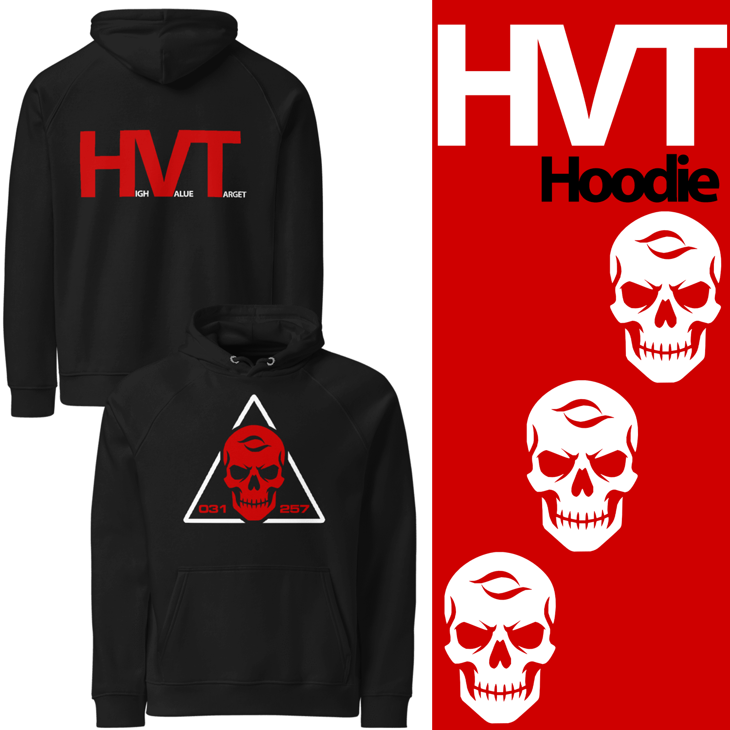 Black hoodie with red and white designs on a red background with 'HVT' text.