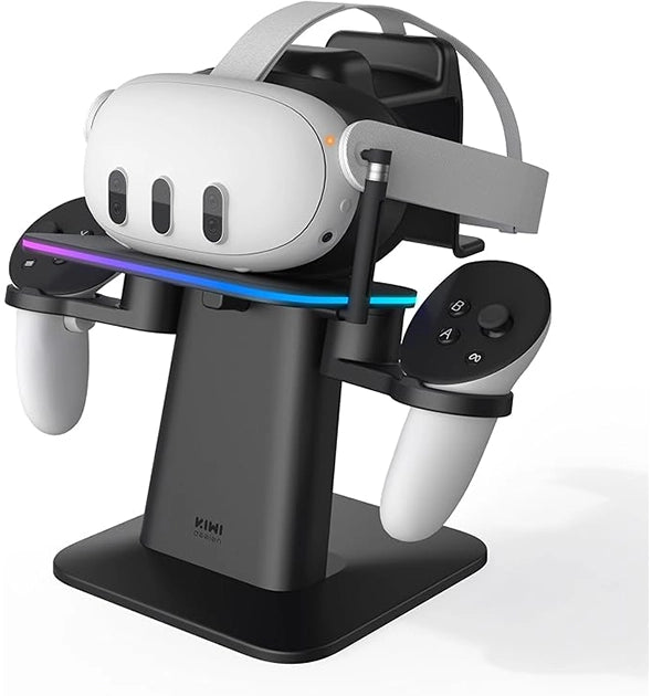 VR headset and controllers on a charging station with a sleek design, featuring LED lights on the stand's base—an essential for any serious gaming setup. Elevate your VR experience with these stylish and practical VR accessories.