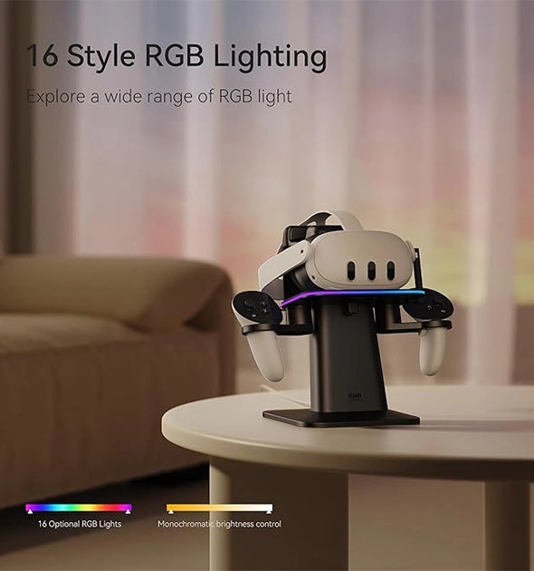 A VR headset and controllers on a stand with 16 RGB lighting options are displayed in a living room, perfect for gaming enthusiasts.