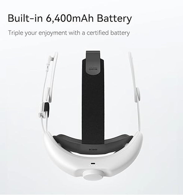White head-mounted device with a black strap, perfect for VR gaming, featuring a built-in 6,400mAh battery. Text promotes the battery's triple enjoyment. Ideal addition to your VR accessories collection.