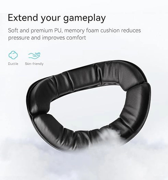 Close-up image of a black memory foam cushion with text saying it is made of soft PU, reduces pressure, and improves comfort. Ideal for enhancing your gaming experience or as a supportive addition to your VR accessories.
