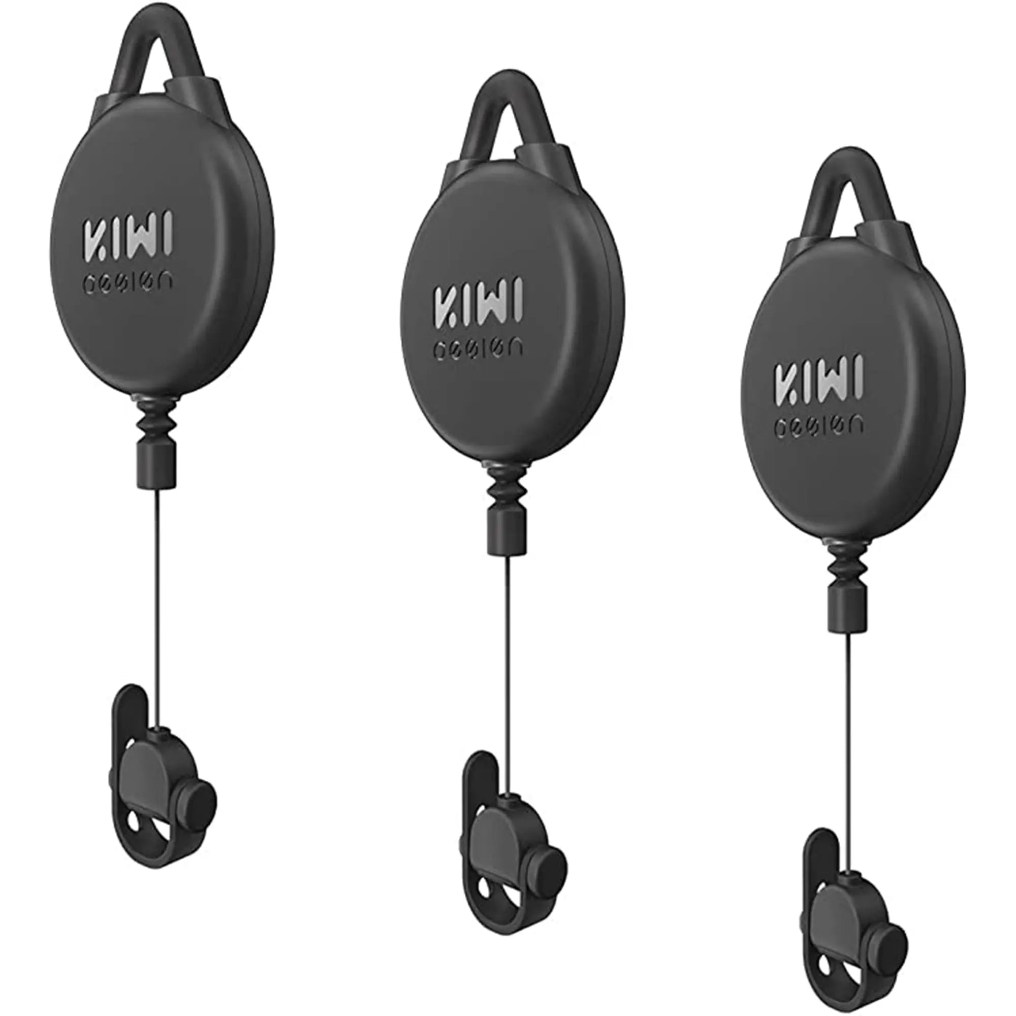 Image of three black VR cable management retractable clips with the brand name "KIWI" inscribed on them. Each unit has a round casing with a hook at the top and a cable extending out from the bottom, terminating in a clip mechanism—essential VR accessories for an organized gaming setup.
