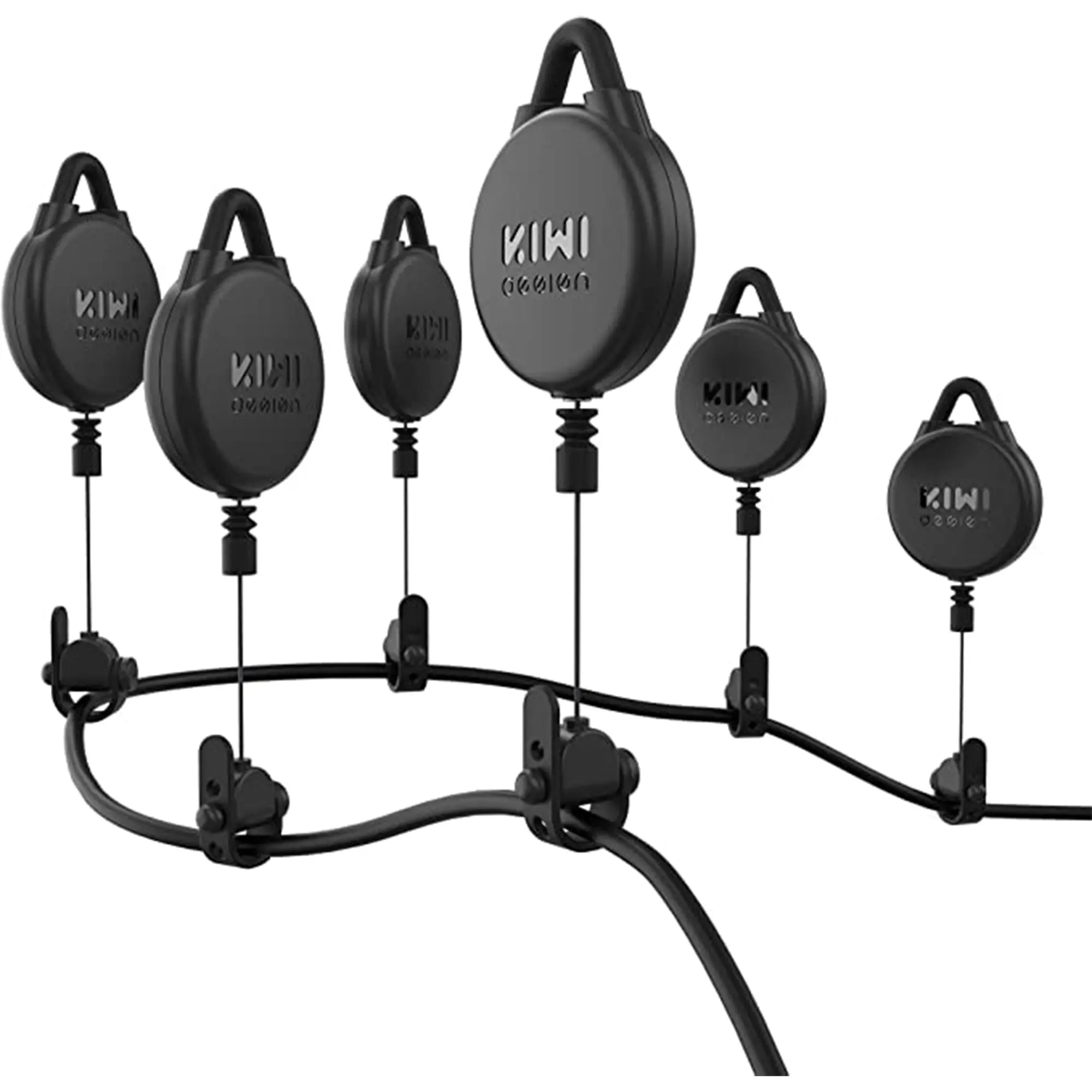 A set of six black cable management retractors with a round design, perfect for gaming or VR accessories. Labeled with the brand name "KIWI design," the image shows the retractors attached to a series of cables at various distances and angles, highlighting their compact form.