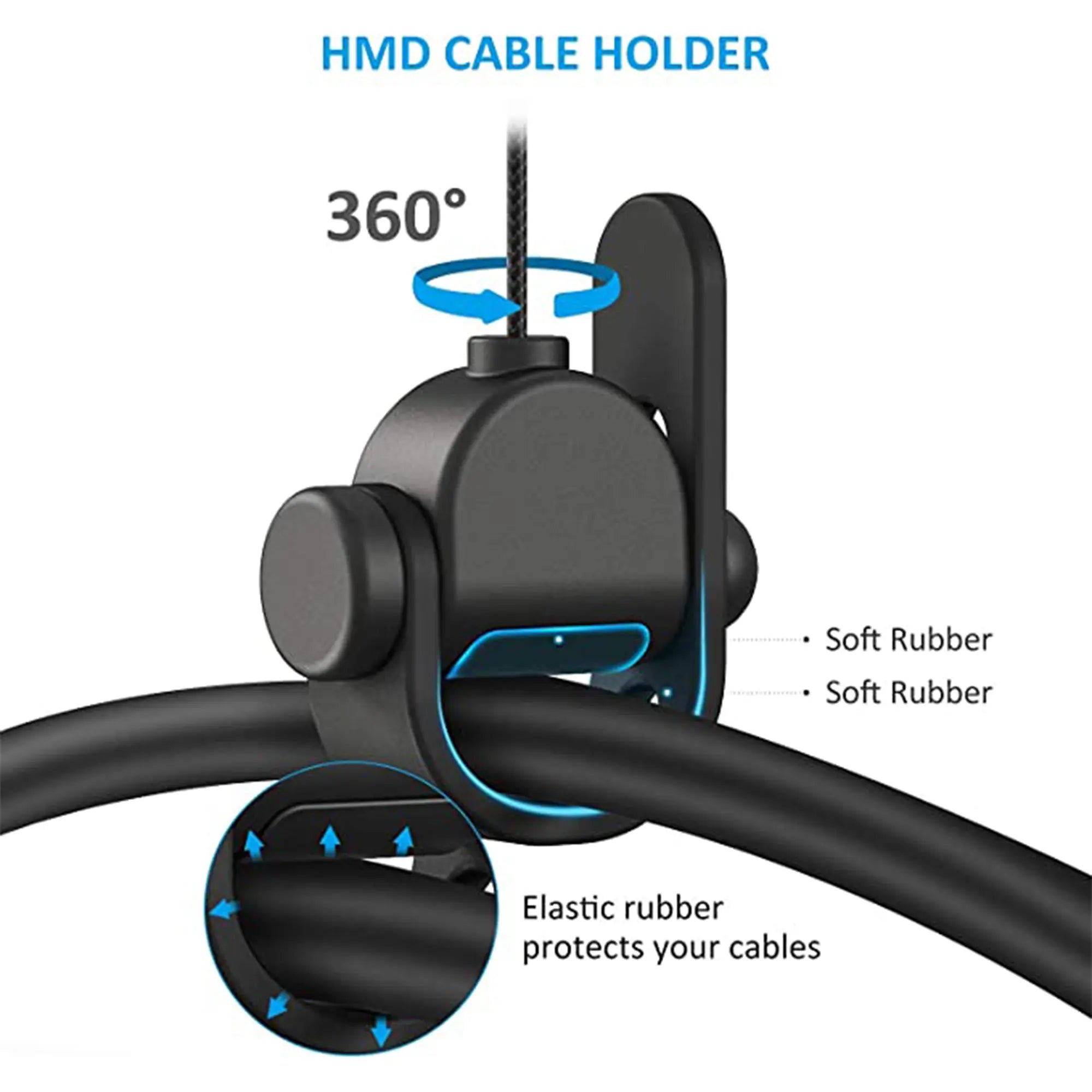 Image of an HMD (Head-Mounted Display) cable holder, an essential VR accessory for gaming. It features a 360-degree rotation mechanism and is made with soft rubber materials to protect cables. The holder demonstrates how elastic rubber components securely hold and prevent damage to the cables.