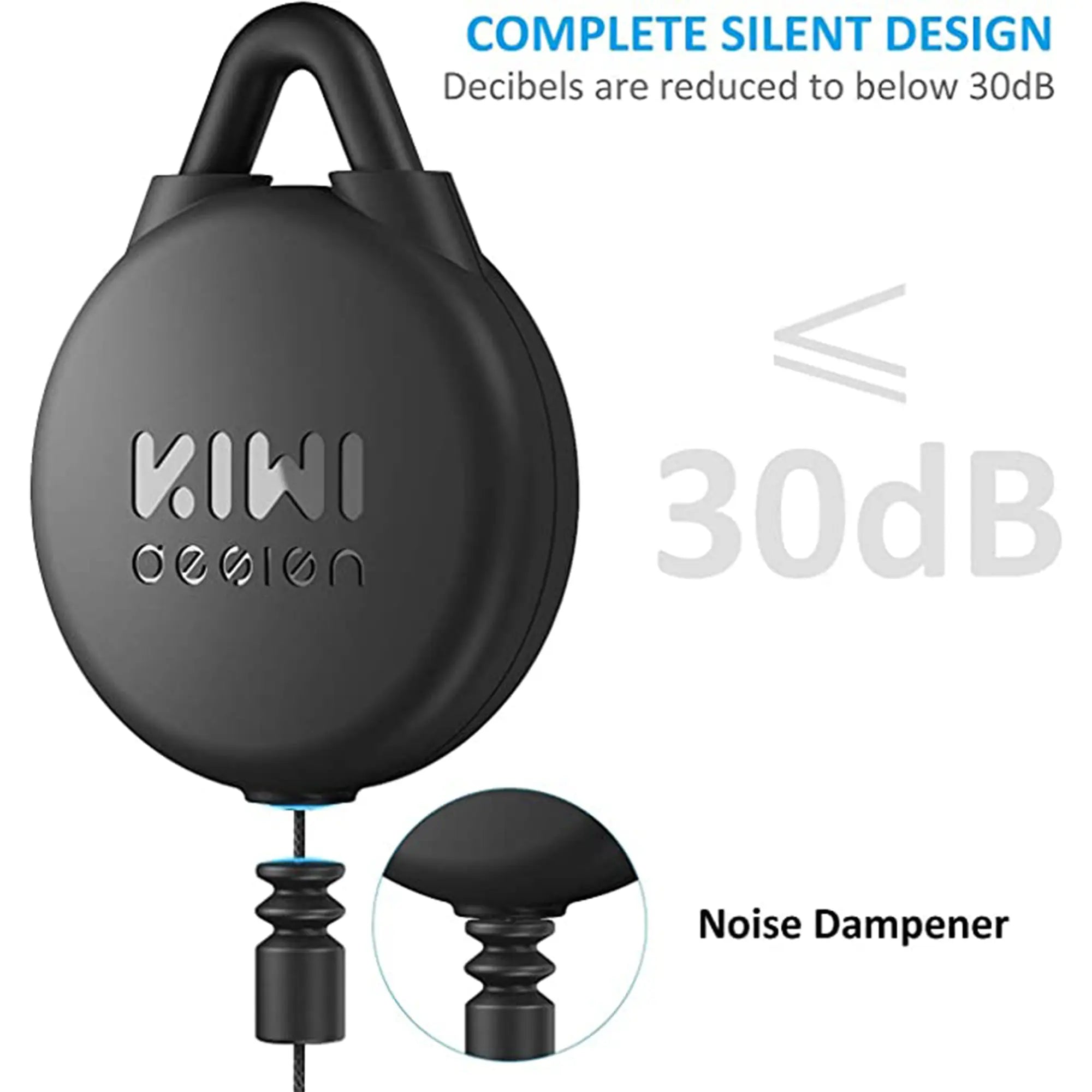 Black noise-dampening earplug case labeled "Kiwi Design," featuring a close-up of an earplug. Text: "Complete Silent Design" and "Noise Dampener." Ideal for gaming and VR sessions.