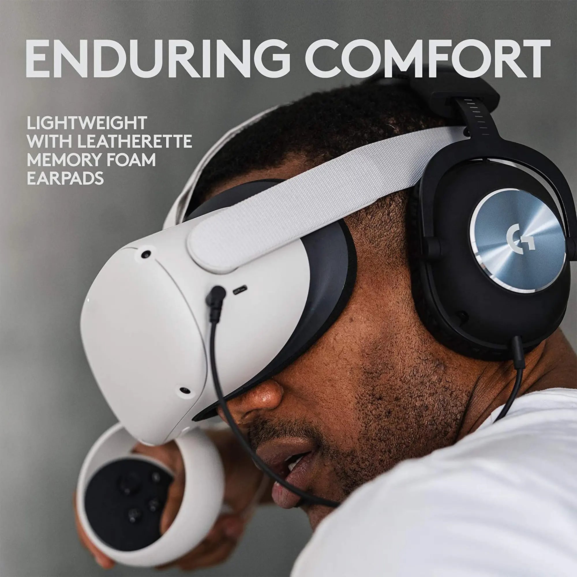 Man wearing VR headset with comfortable leatherette memory foam earpads.