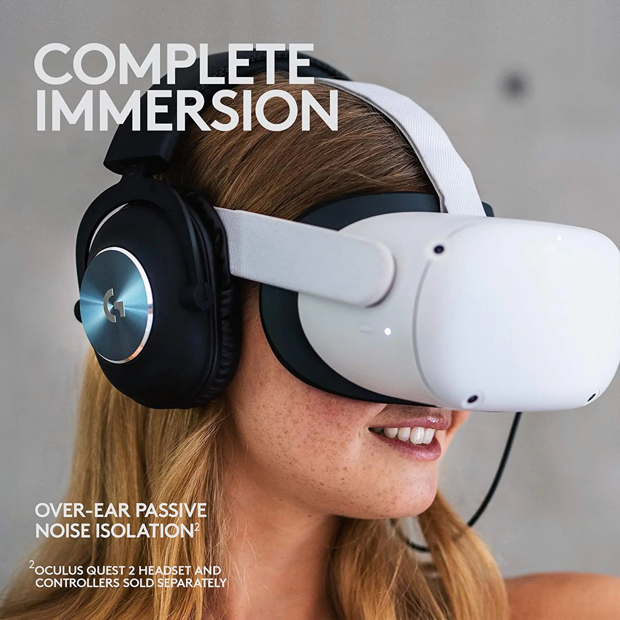 Person wearing VR headset and headphones with text "Complete Immersion".