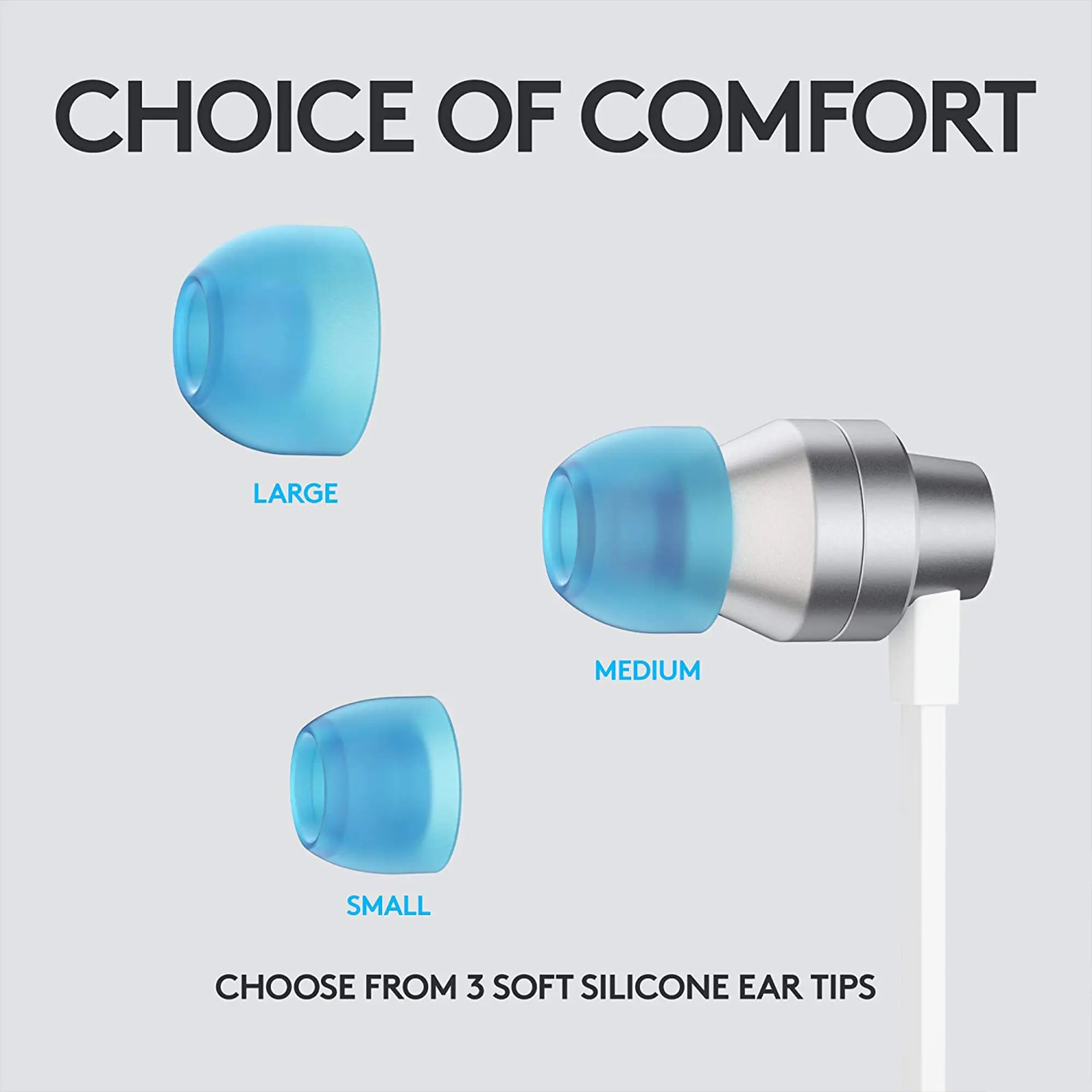 Three sizes of blue silicone ear tips for headphonecomfort.