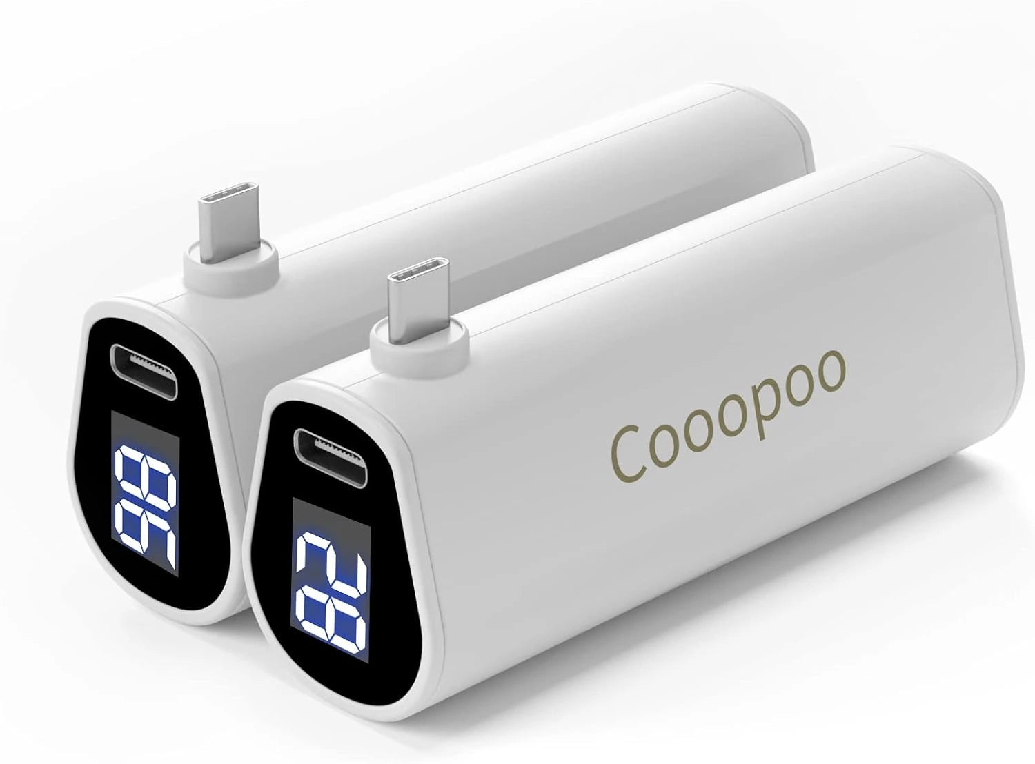 Two white portable power banks with digital displays showing charge percentages and "Cooopoo" branding. Each has a USB-C port, making them perfect for keeping your vr accessories and gaming devices powered up on the go.