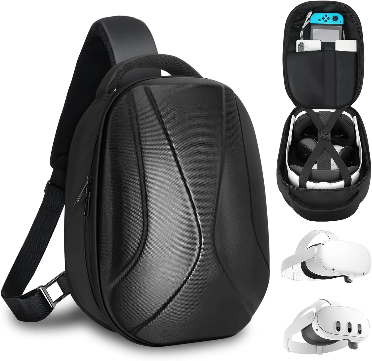 A sleek, black, hard-shell backpack with compartments shown housing a VR headset, controllers, and other small gaming accessories.