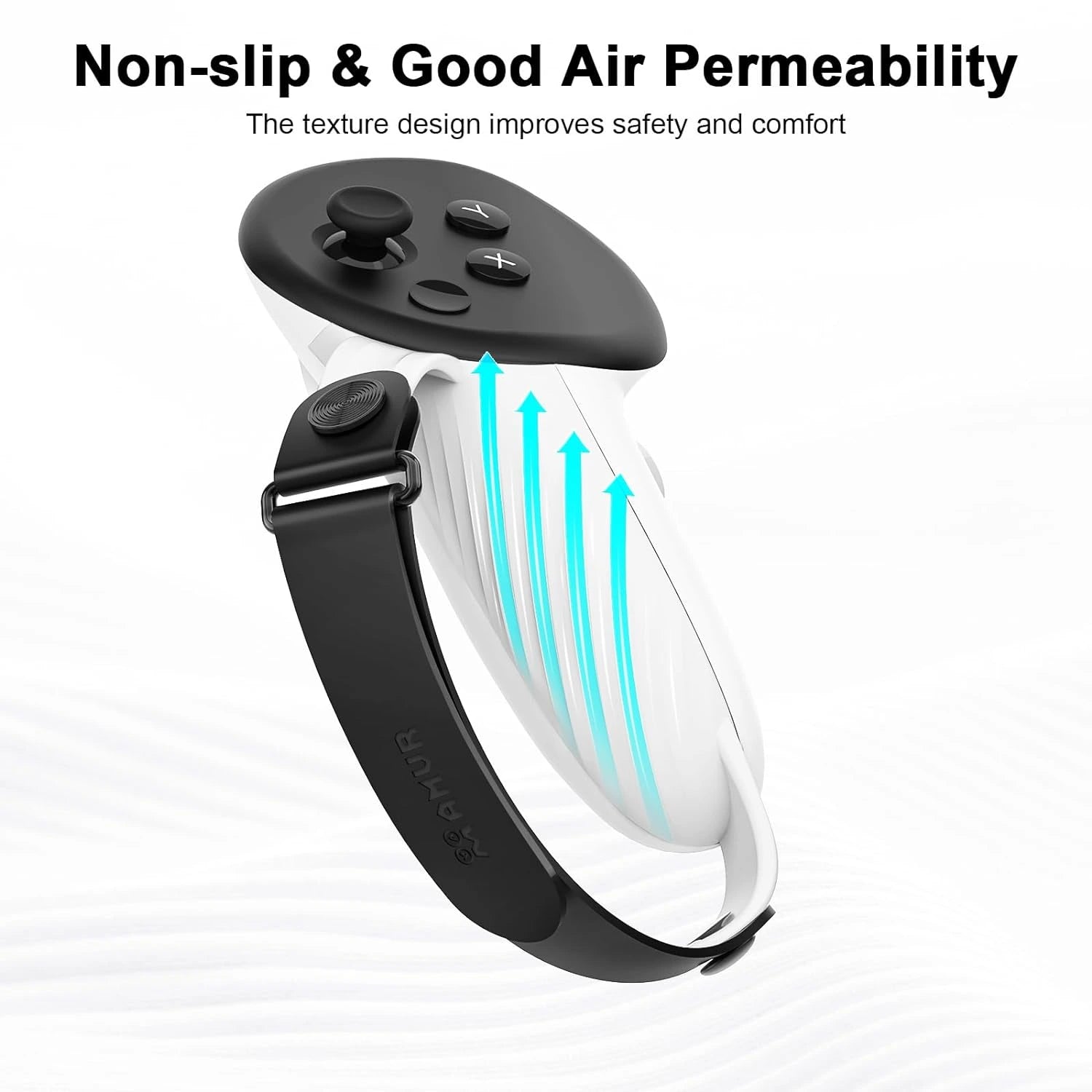 White and black controller with an adjustable hand strap, perfect for VR gaming. Text reads: "Non-slip & Good Air Permeability. The texture design improves safety and comfort.