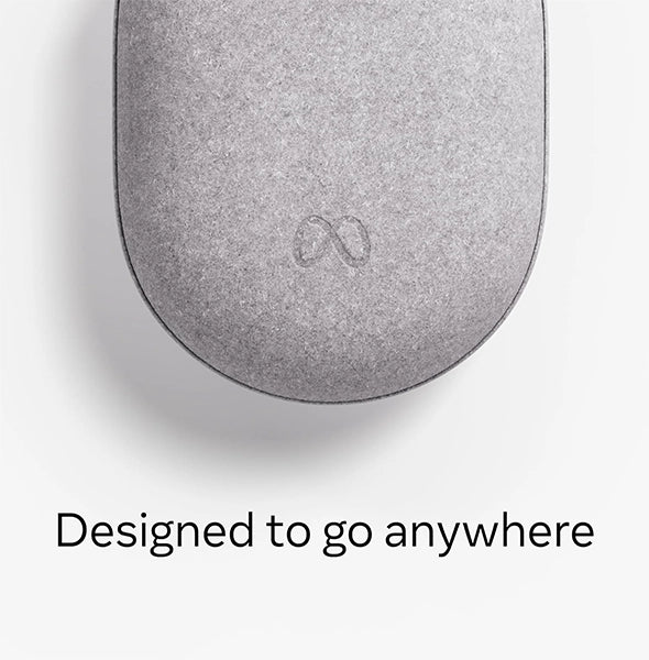 A sleek, grey, oval-shaped Meta device with the text "Designed to go anywhere" displayed below it on a white background—a must-have for any VR gaming enthusiast.