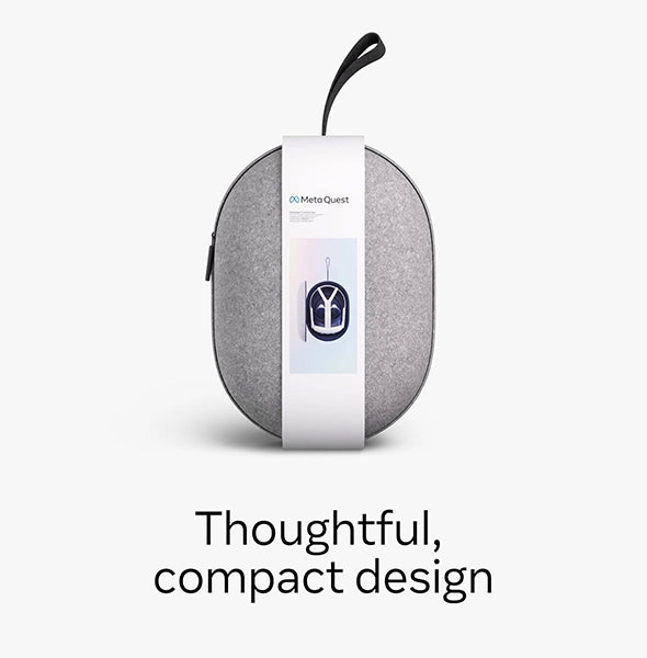 A grey, oval-shaped Meta Quest carrying case with a black handle, featuring a tag showing the VR headset, and text "Thoughtful, compact design.