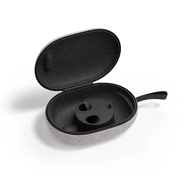 Open gray case with black interior, designed for vr accessories, holds a black dual-slot charger inside. The case features a loop handle.
