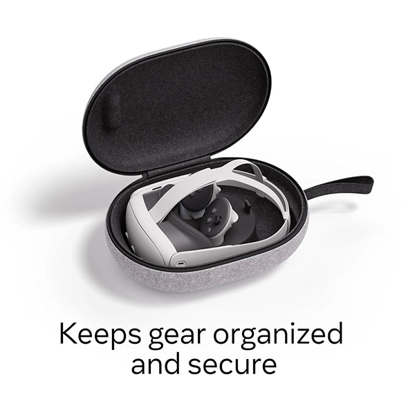 A VR headset and controllers neatly placed inside a grey carrying case with text below saying "Keeps VR accessories organized and secure.