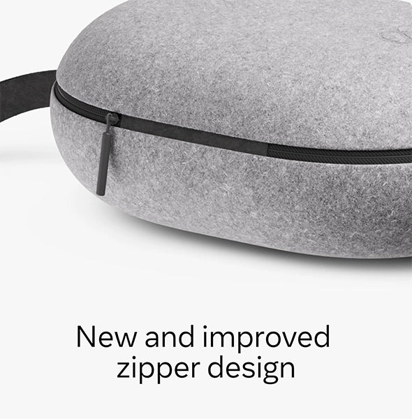 A gray, oval-shaped bag with a zipper, perfect for storing your VR accessories. Text below reads, "New and improved zipper design.