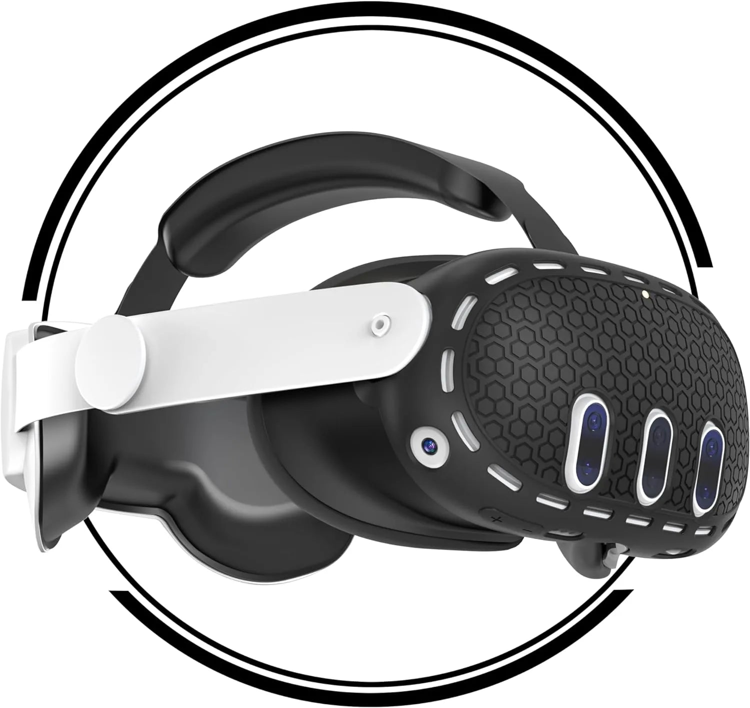A black and white virtual reality headset with a textured front and three visible sensors, perfect for gaming, placed against a white background with black circles.