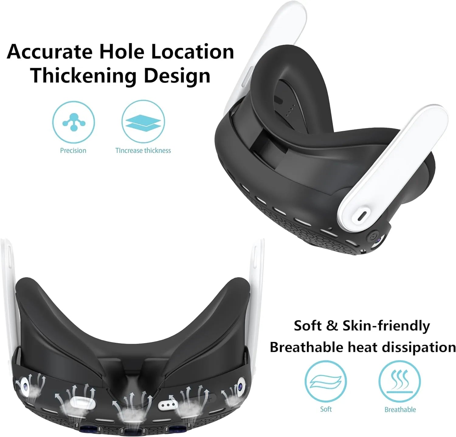 Two headrest cushions for gaming chairs with white accents and icons, highlighting their precision, increased thickness, softness, and breathability. Ideal for both traditional gaming setups and as vr accessories to enhance your immersive experiences.