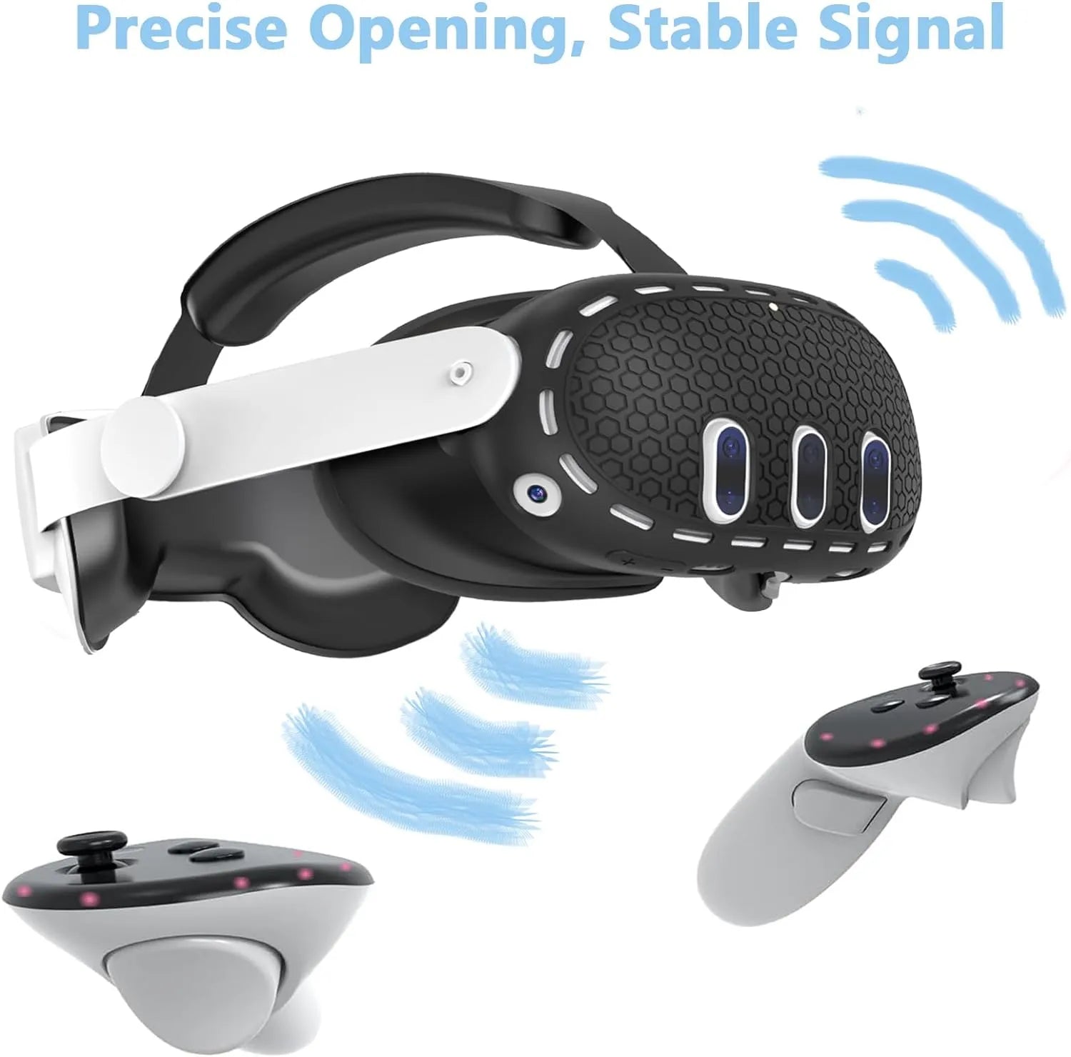 A black and white virtual reality headset with two controllers, alongside blue signal waves, and a caption "Precise Opening, Stable Signal." Perfect for immersive gaming and equipped with essential VR accessories.