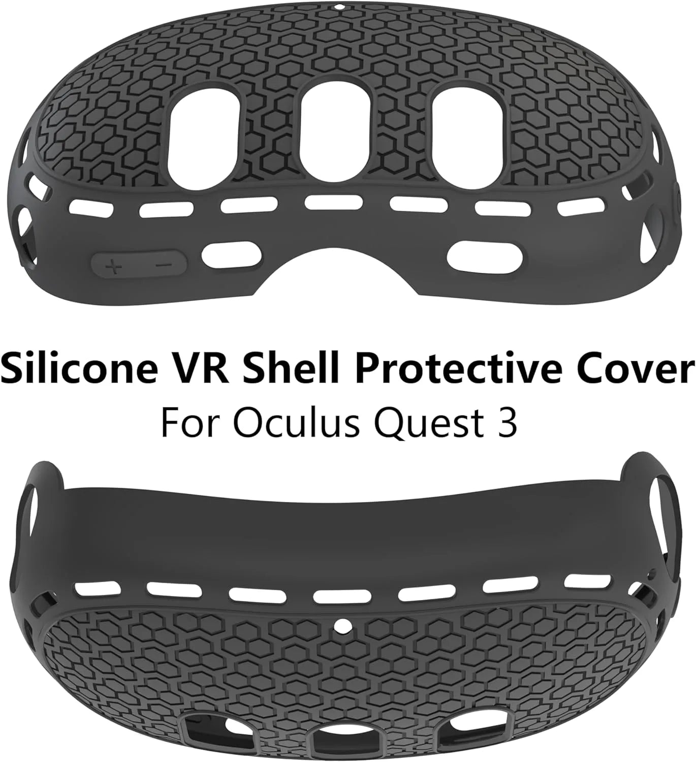 Two black silicone VR shell protective covers for the Oculus Quest 3 headset, featuring a hexagonal pattern and cutouts for buttons—a must-have gaming accessory.