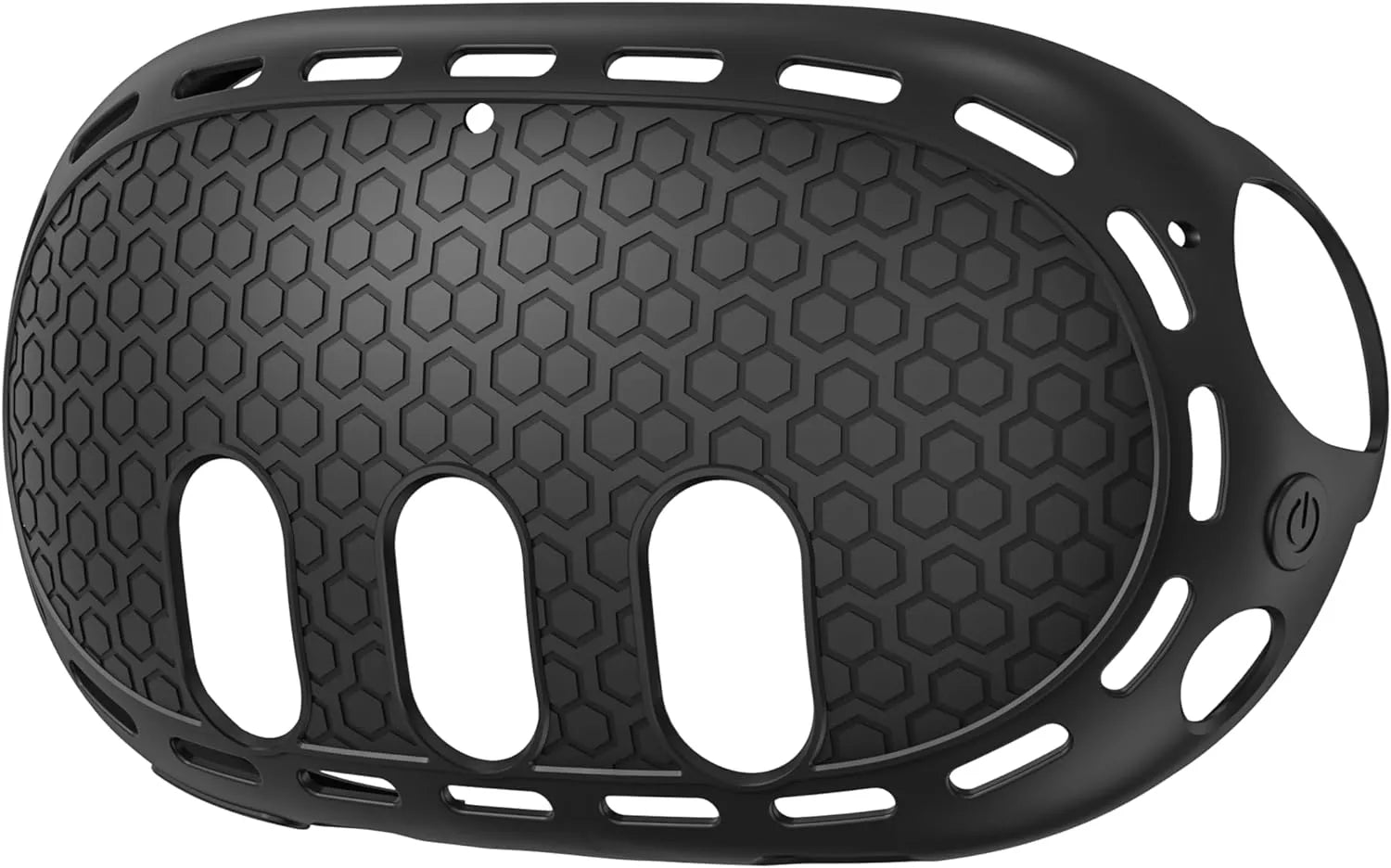 Black protective silicone case with a hexagonal pattern and three vertical cutouts, designed to fit an electronic device, making it an ideal accessory for gaming or VR setups.