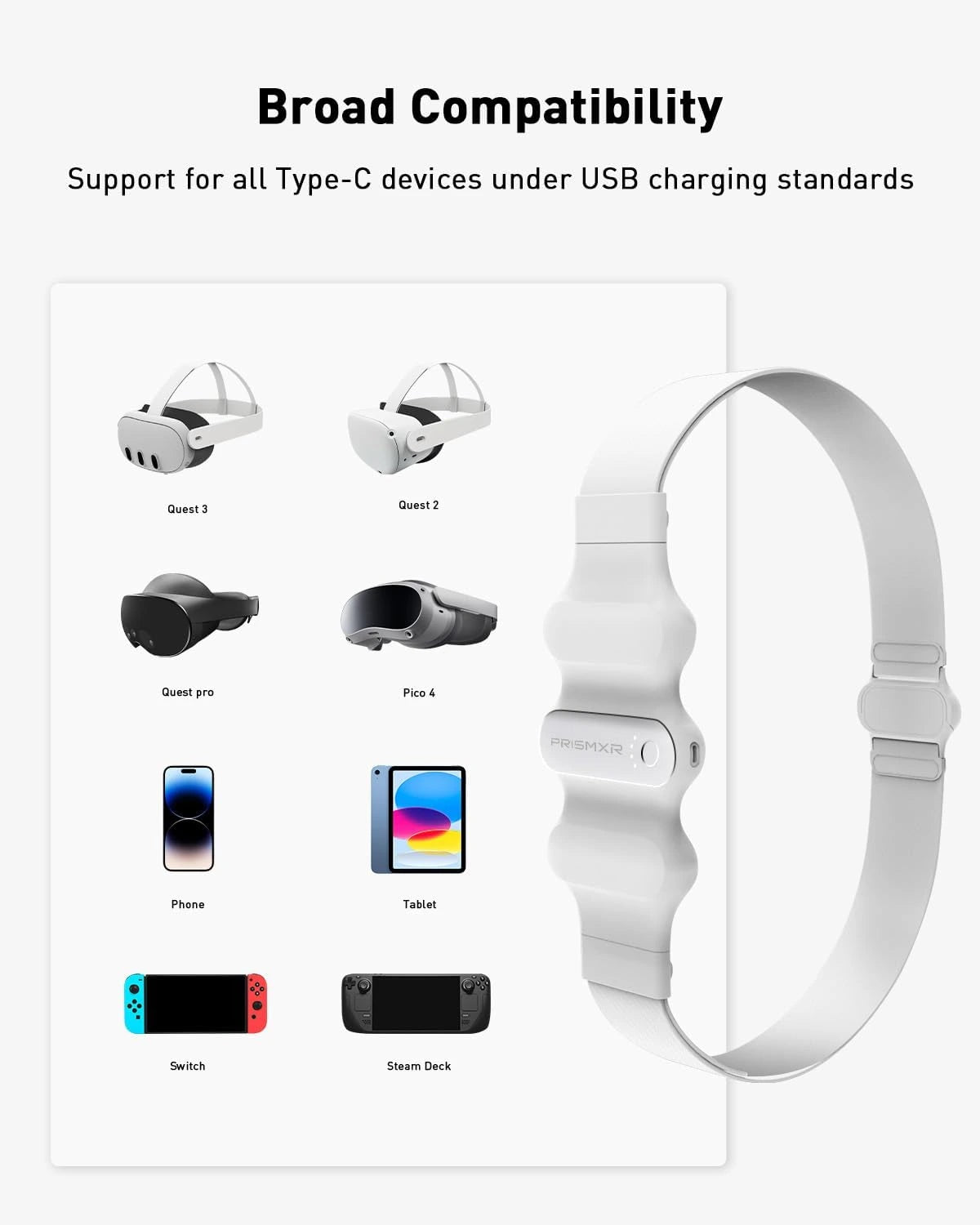 Image showcasing a wearable charging band for VR headsets, featuring labeled images of compatible gaming devices such as Quest, Switch, and Steam Deck. Perfect for enhancing your VR accessories collection.