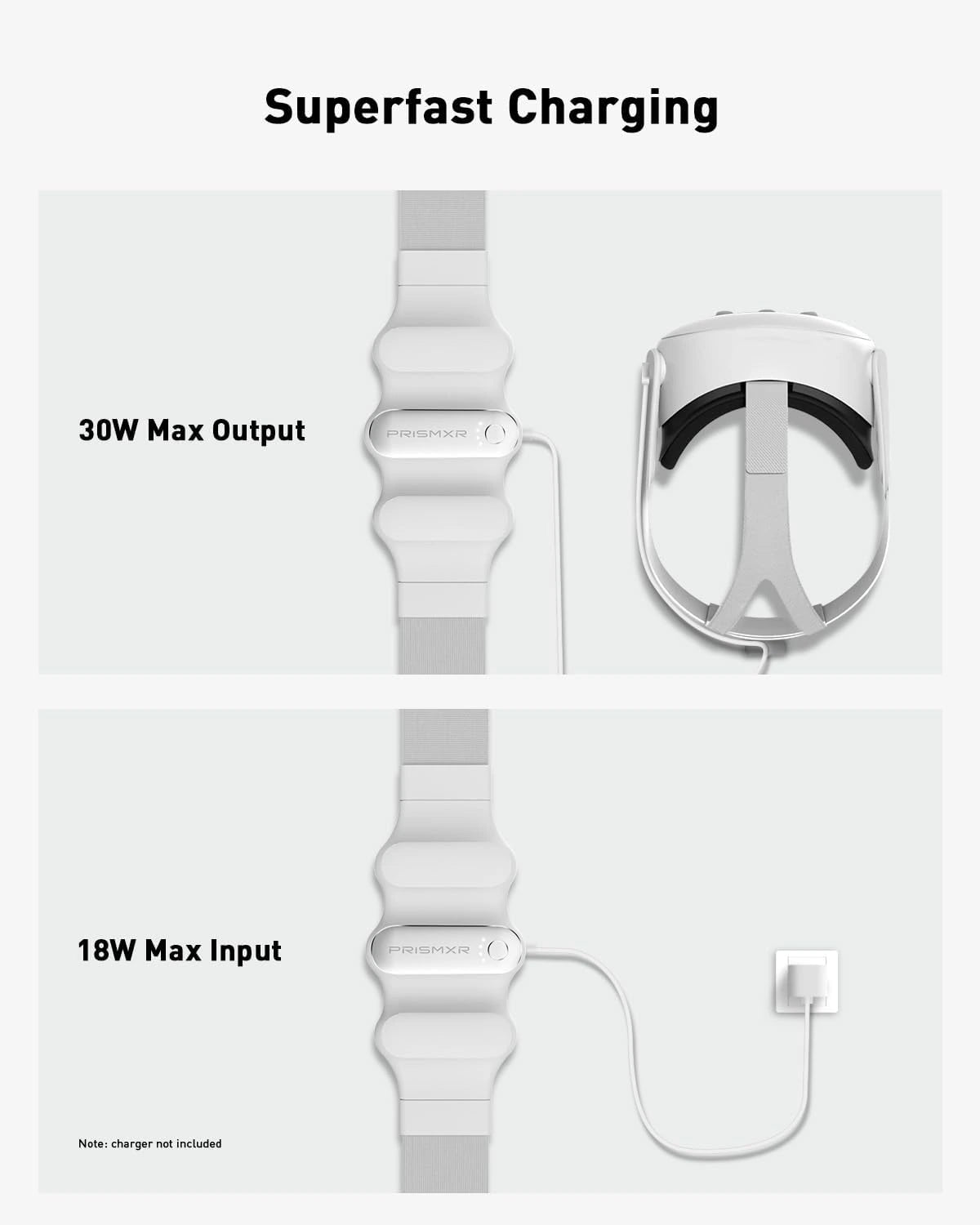 Image showing a white charger for a wearable device with two sections: Top section - 30W Max Output; Bottom section - 18W Max Input. Perfect for keeping your VR accessories powered up for nonstop gaming sessions.