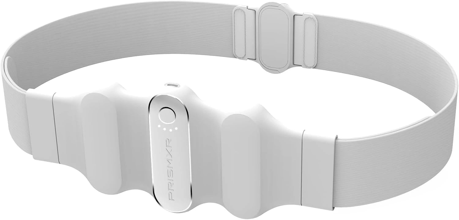 A white, adjustable chest strap with an attached heart rate monitor featuring LED indicator lights and the brand name "PRISM4X," perfect for immersive VR gaming experiences.