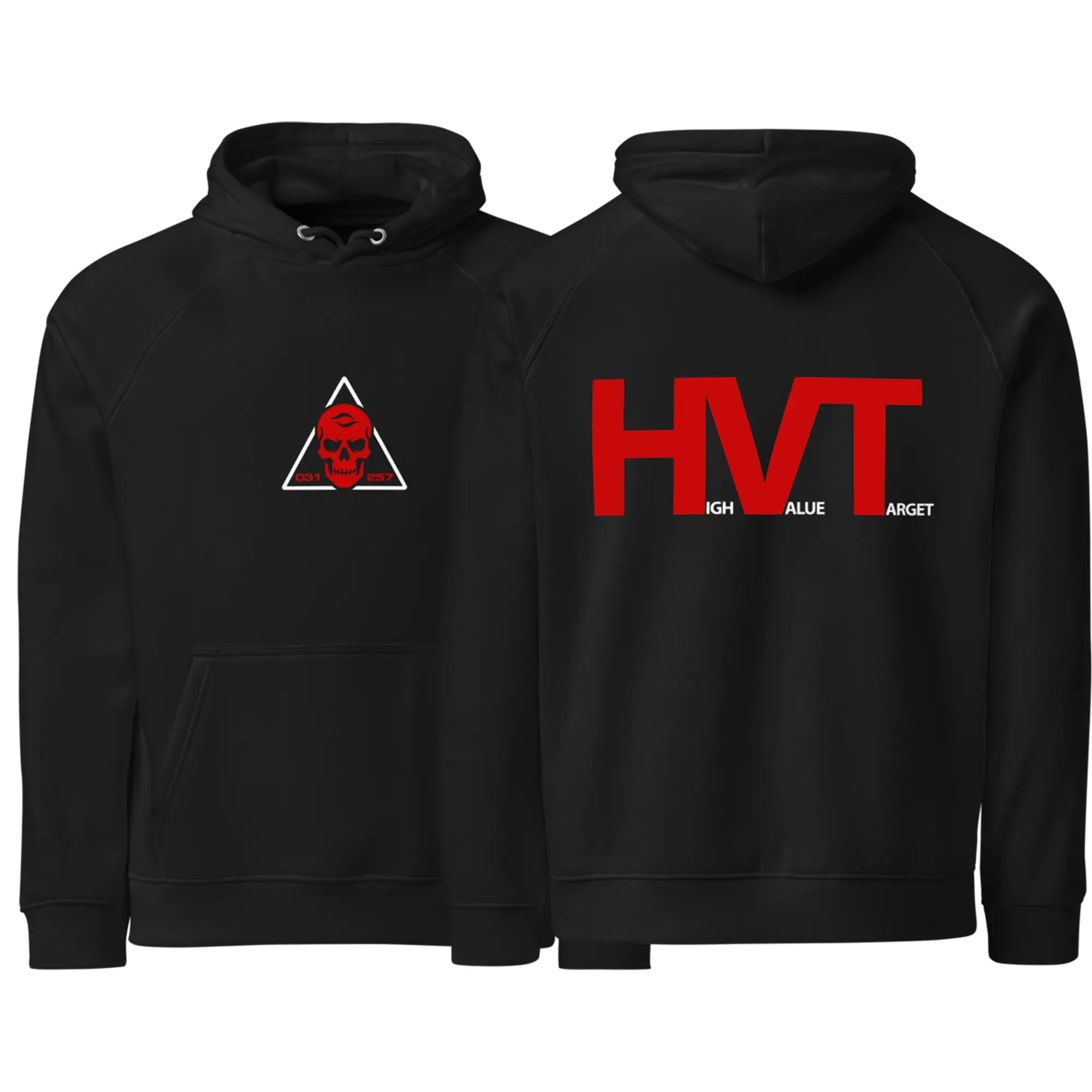 Black hoodie with a red and white triangle logo on the front and 'HVT' text on the back.