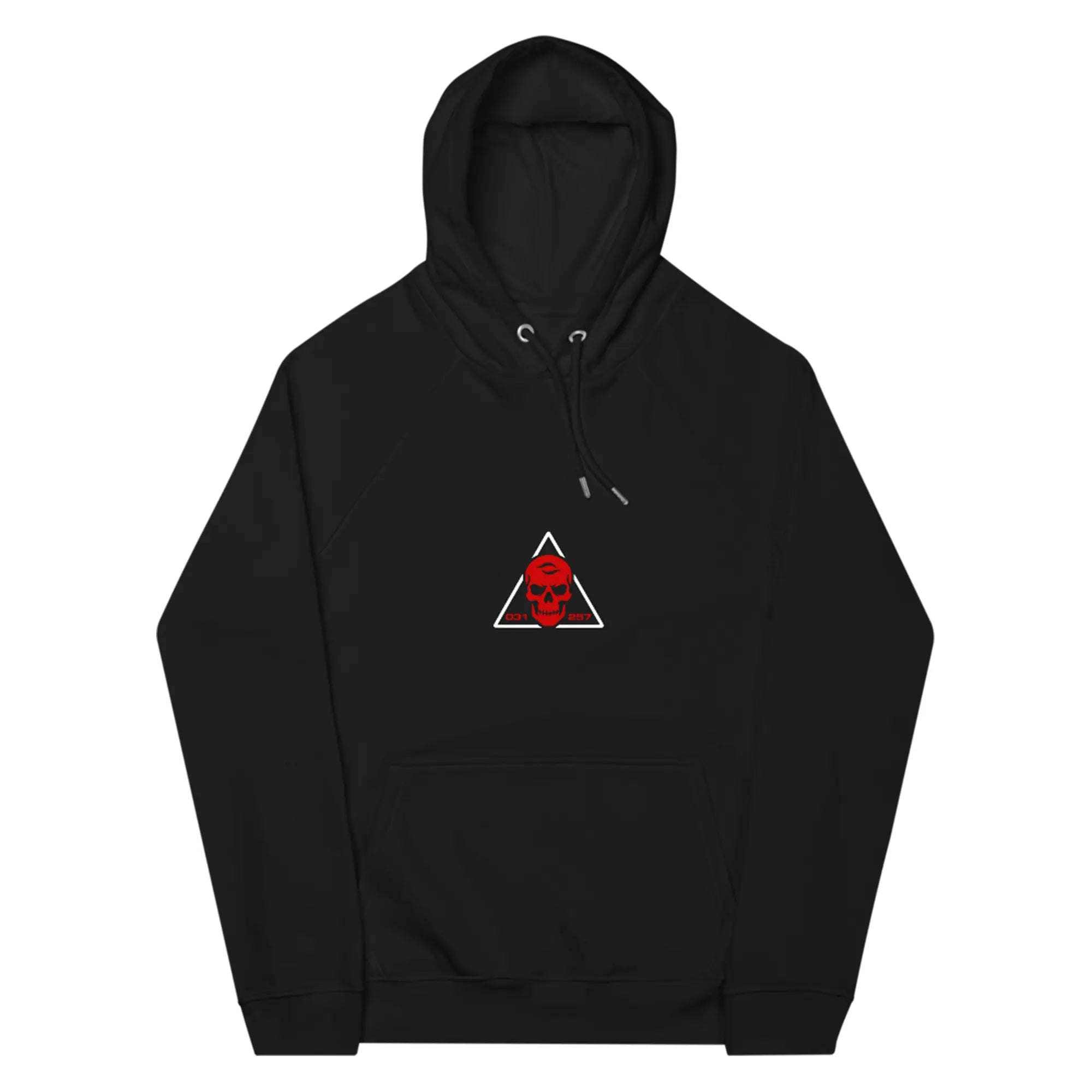 Black hoodie with a red and white triangle logo on a white background
