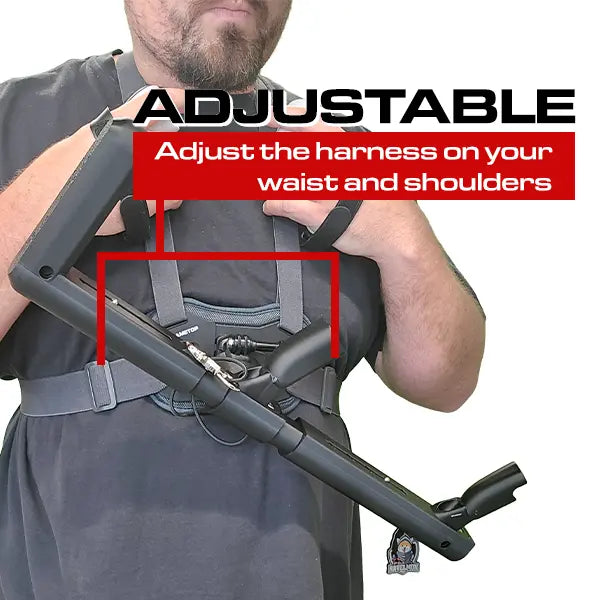 VR player wearing the CRIG Mod chest harness with Asset gunstock attached, showing adjustable fit across waist and shoulders.