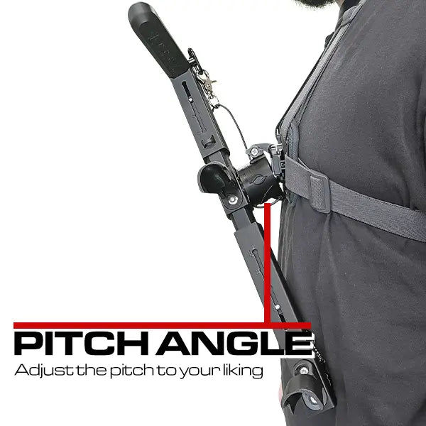 Side view of CRIG Mod chest harness showing adjustable pitch angle of the gunstock mounted on the chest rig.