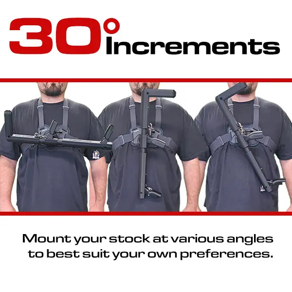 VR player wearing CRIG Mod chest harness with Asset gunstock mounted at three different 30-degree angle positions.