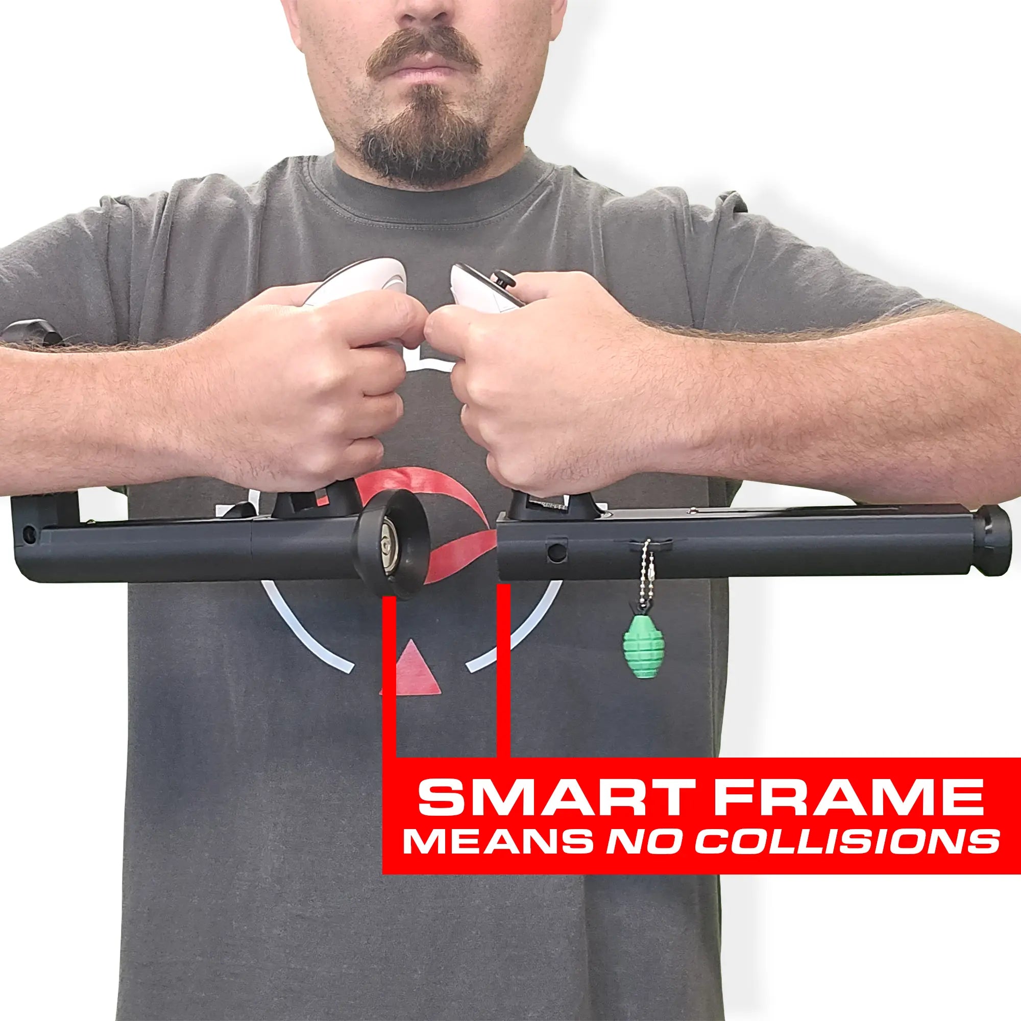 Person holding a SBS Asset VR Gunstock with a 'Smart Frame Means No Collisions' label on a white background