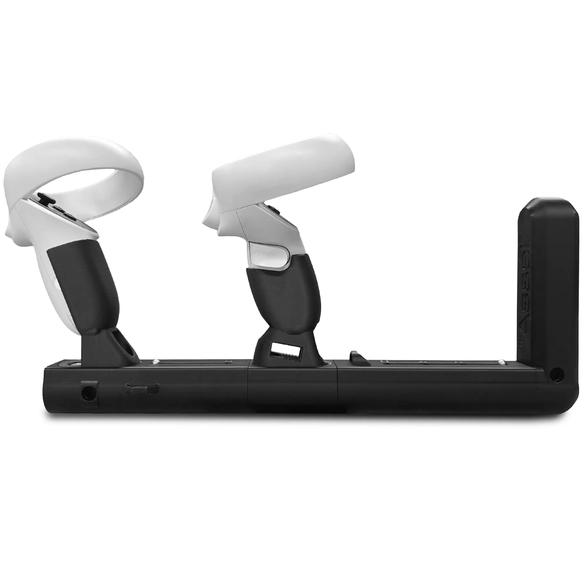 Black Asset STKR Edition VR Gunstock with Meta Quest 2 controllers attached to it on a white background