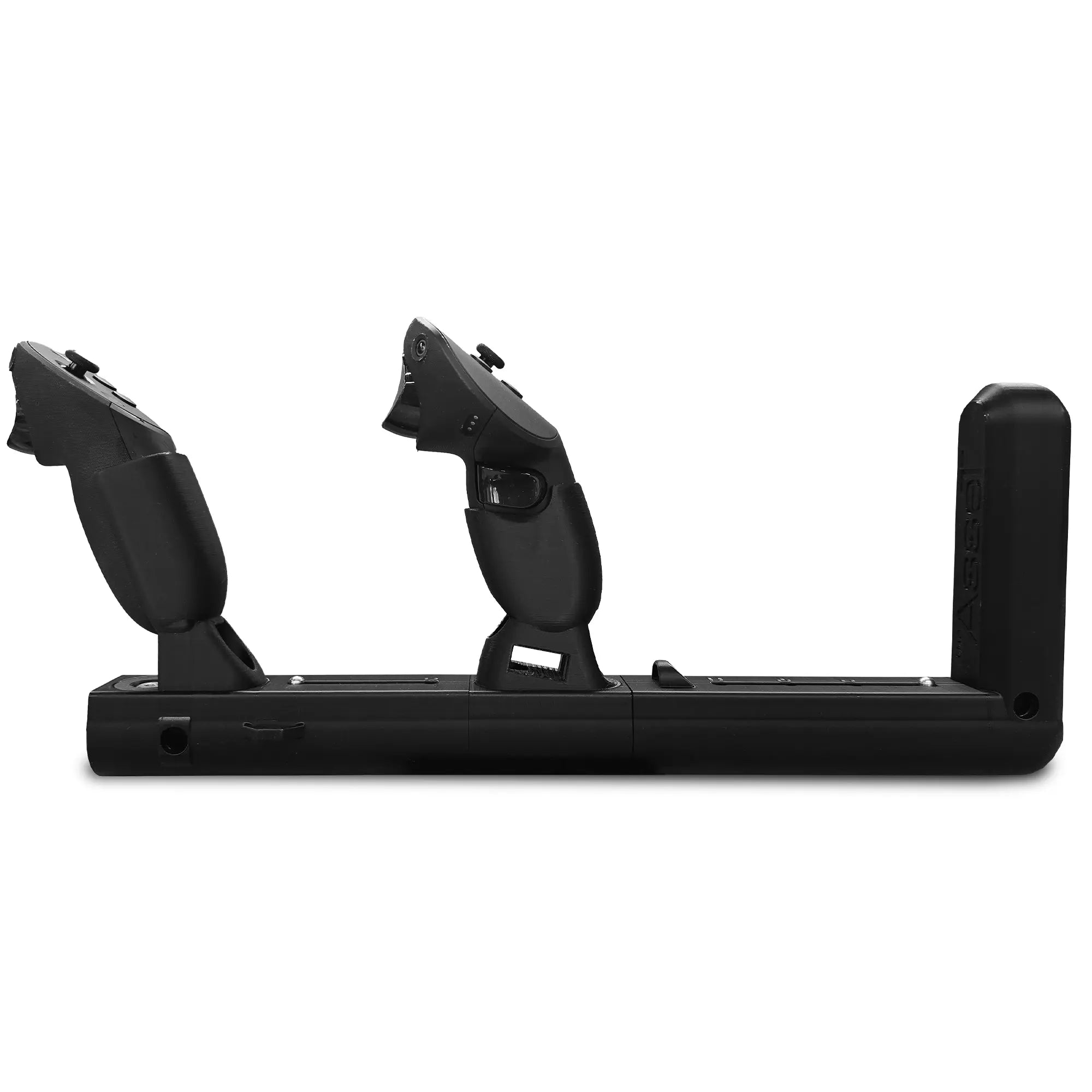 Black Asset STKR Edition VR Gunstock with Meta Quest Pro controllers attached to it on a white background