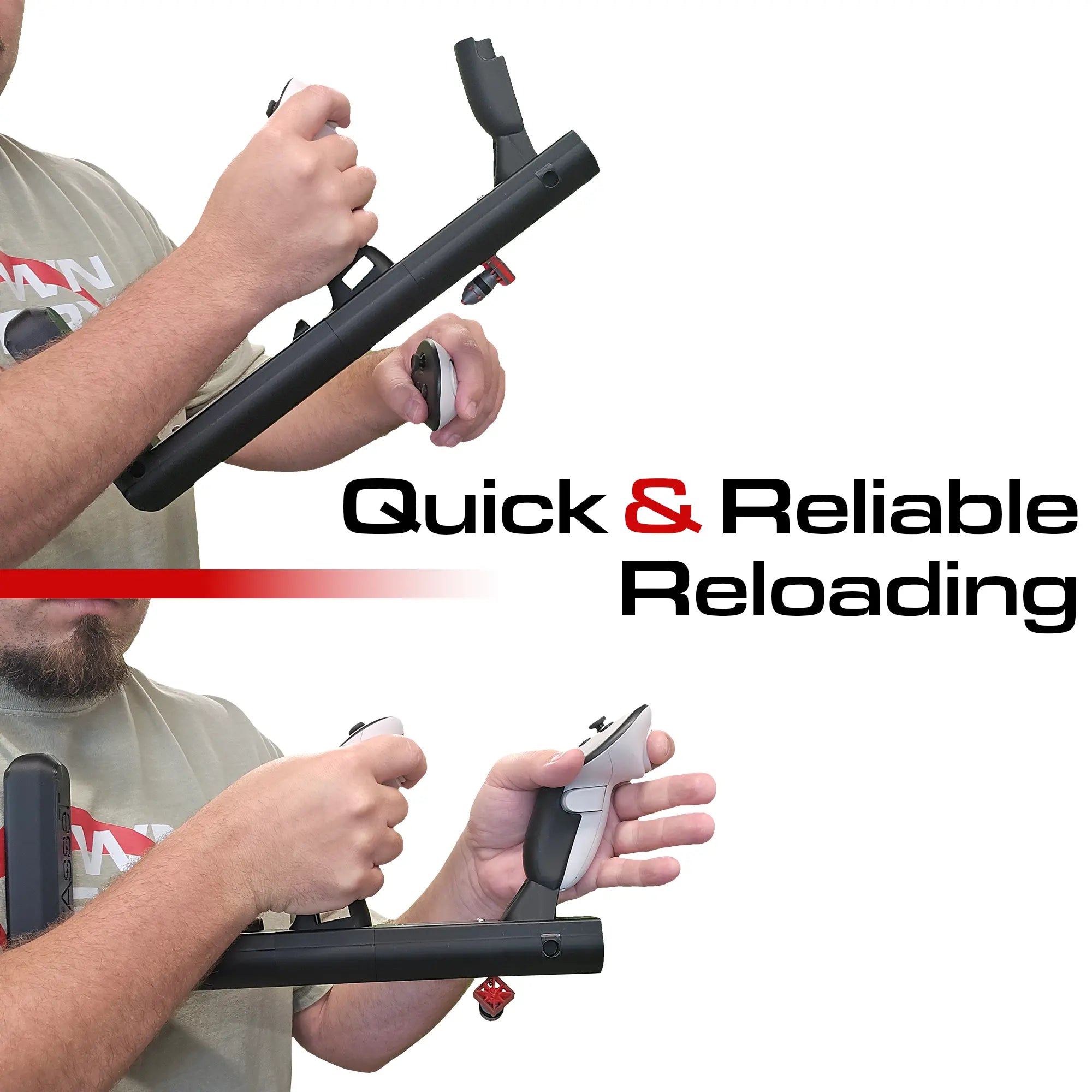Person using a Asset VR gunstock with text 'Quick & Reliable Reloading' on a white background