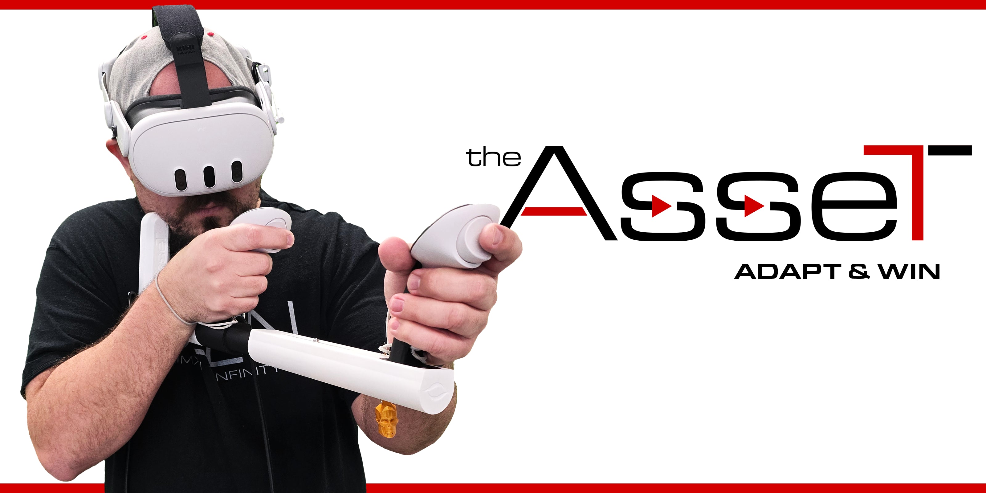 Man Wearing Meta Quest 3 Virtual Reality Headset Attached to The Asset VR Gun Stock