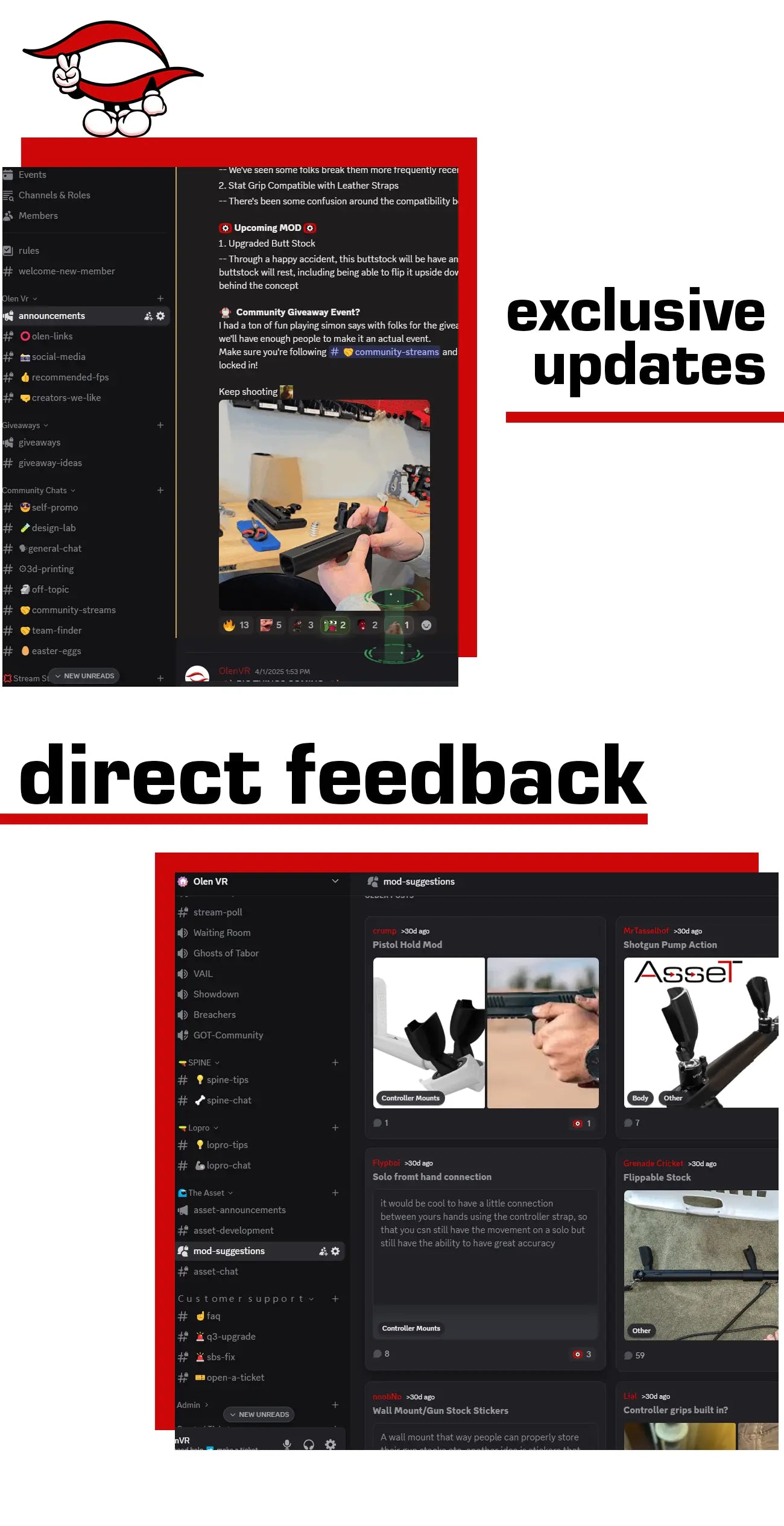 Visual of Olen VR discord server announcements and channels